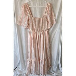 Threadgrit Women's Hayley Maxi Dress Pink FloralShort Sleeve Smocked Bodice Sz M